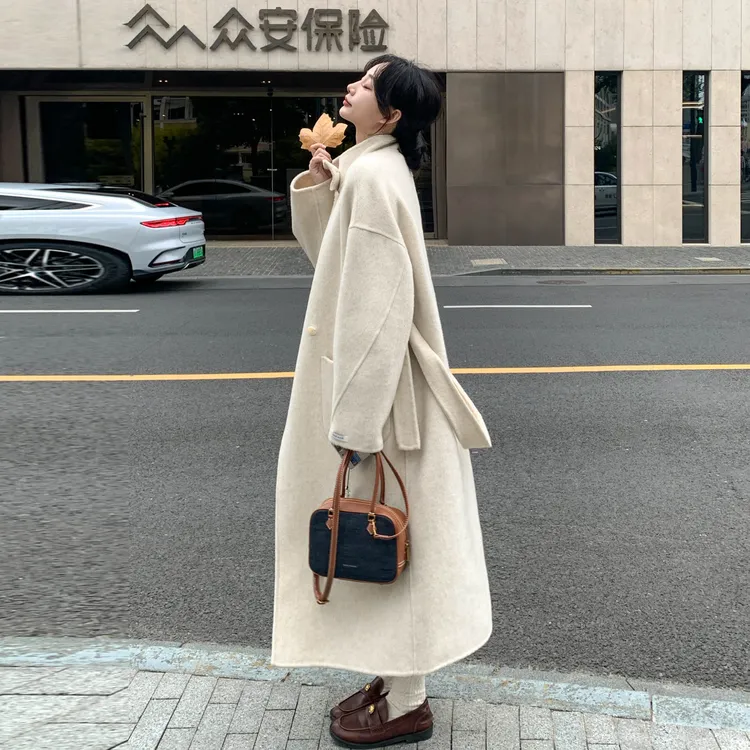 米白色气质双面呢羊毛大衣女2025秋冬季新款双排扣高级感毛呢外套