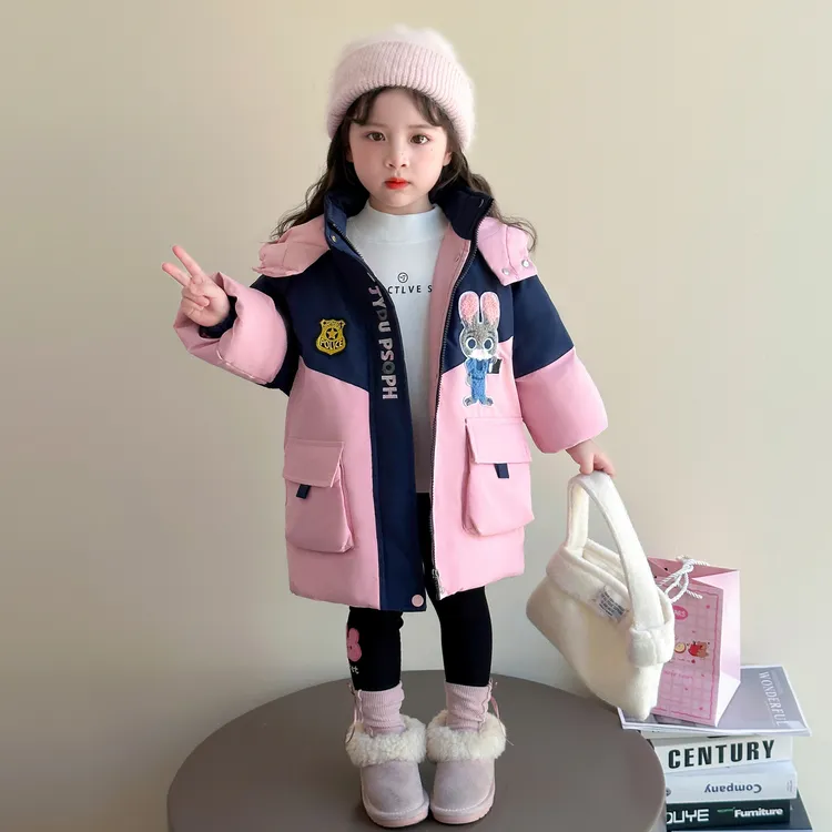 女童韩版卡通兔冬季中长款羽绒服2025新款棉衣女孩加厚白鸭绒棉服