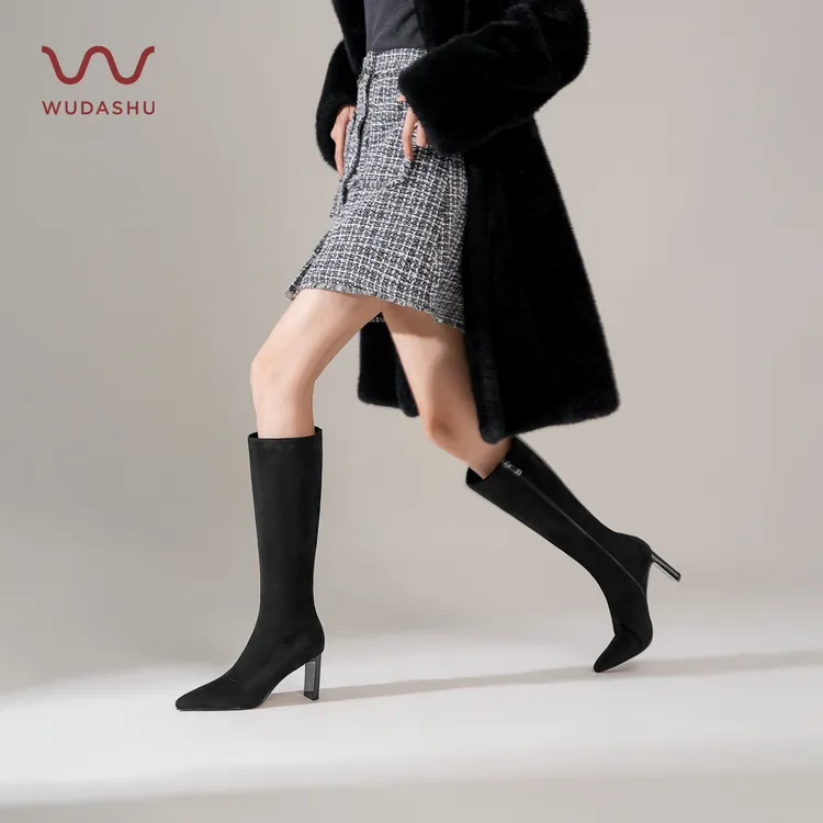 吴大叔高跟长筒高筒尖头袜靴黑色直筒靴冬季女鞋瘦瘦靴TF132074