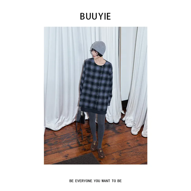 BUUYIE 25SS【浮生若梦】时尚新款简约休闲纯棉灰格上衣 250861