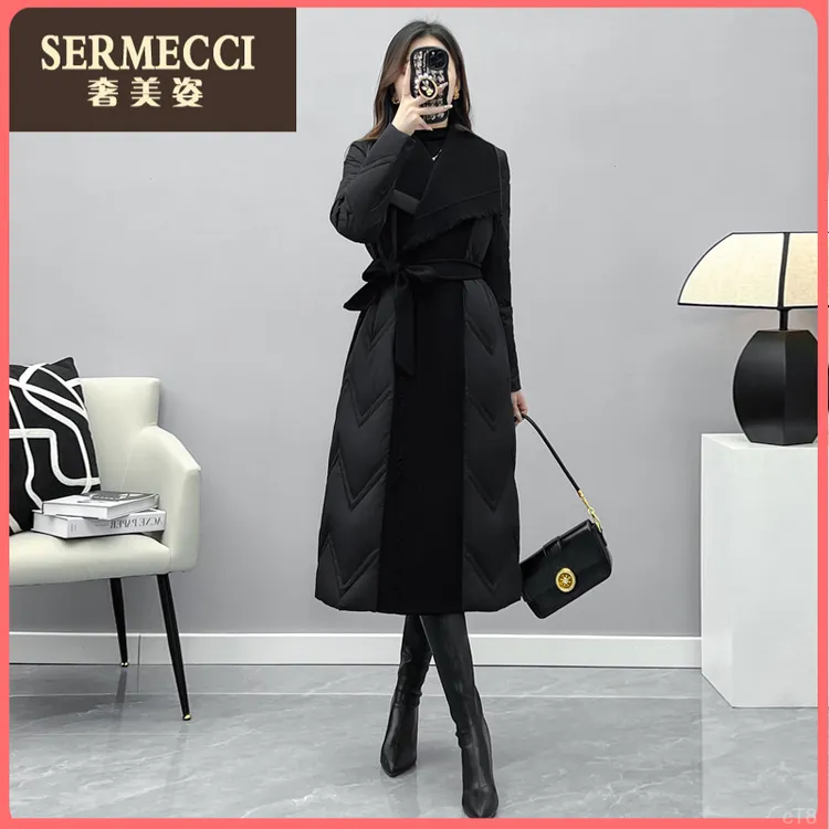 时尚高端新款奢美姿拼接黑色羽绒服女冬2025洋气大衣外套
