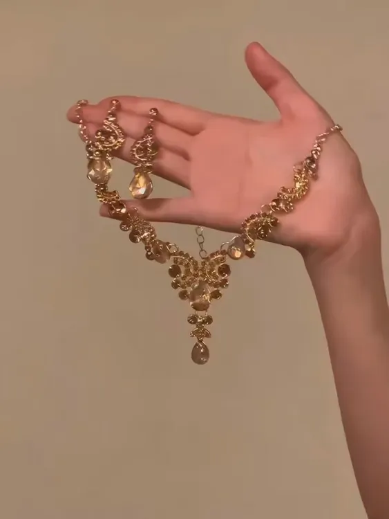 合金锆石项链  欧美夸张香槟色水滴流苏闪钻项链耳环女新娘礼服