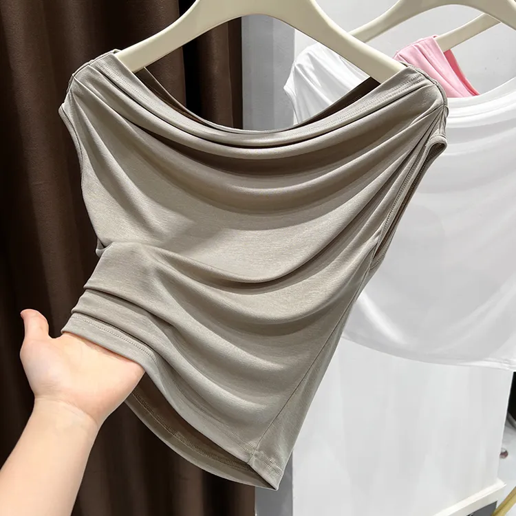 小众一字领咖色无袖拼接上衣女2025夏季薄款内搭简约设计感打底衫