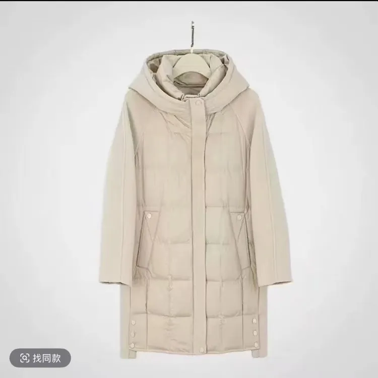 【D905】冬季新款高端连帽中长款双面羊绒大衣拼接羽绒服外套