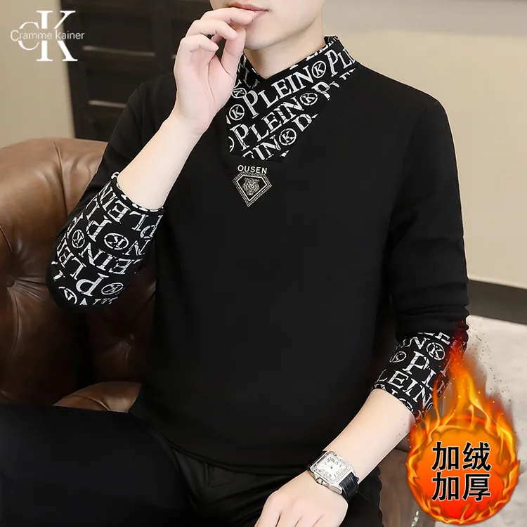 男士双面德绒打底衫秋冬款半高领卫衣假两件长袖t恤潮牌保暖上衣