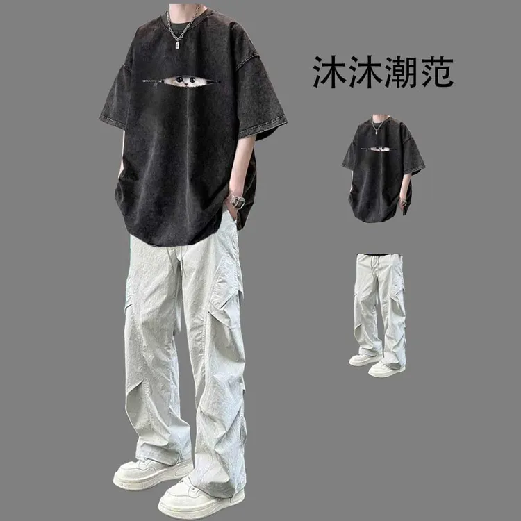 男生酷帅夏日青少年穿搭套装男痞帅t恤水洗嘻哈男装搭配一套帅气