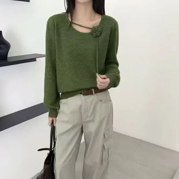 毛衫高级定制驼羊绒亮丝女士圆领玫瑰花朵长袖针织衫宽松百搭毛衣