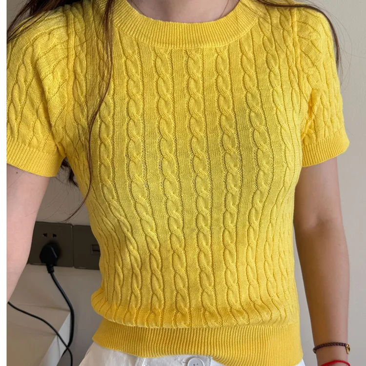 SCHEDULED/麻花纽绳圆领短袖针织衫女薄款夏季百搭气质修身上衣