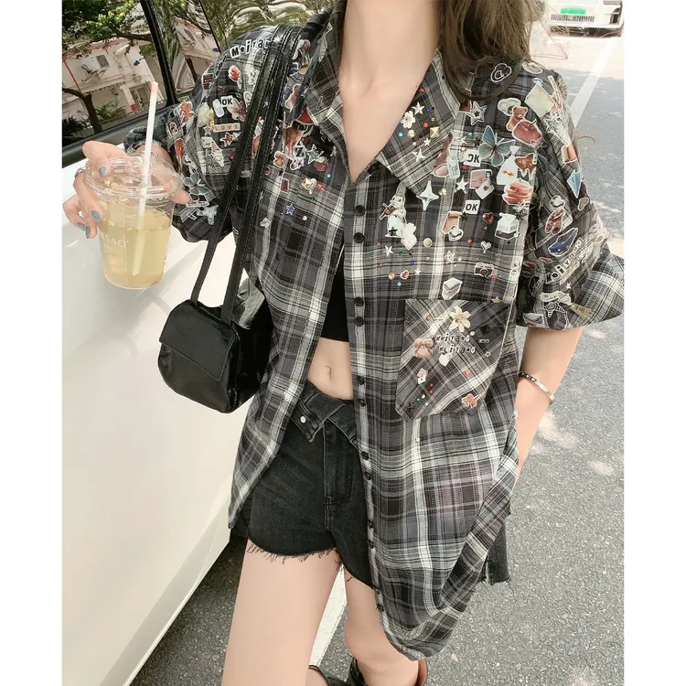 A美洋MEIYANG 贴贴纸衬衫【商场同款】格纹_印花烫钻长袖衬衣-周四