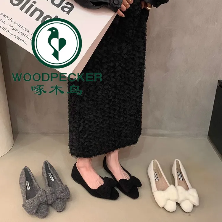 啄木鸟法式温柔仙女毛毛鞋女外穿2025新款方头蝴蝶结晚晚软底单鞋