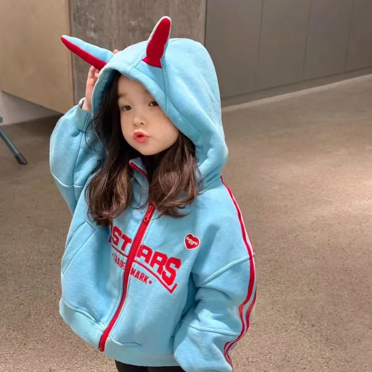 蓝色精灵帽连帽卫衣秋装男女童痞帅风加绒上衣休闲百搭棒球服外套