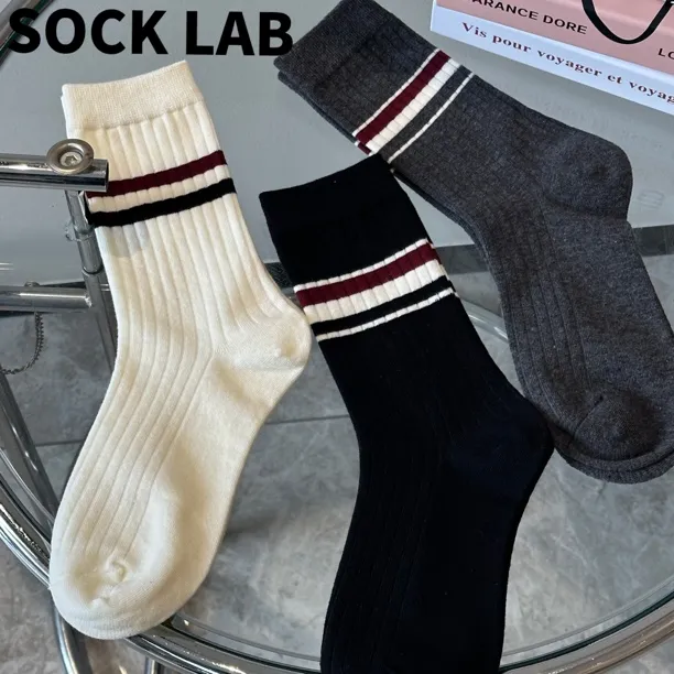 TB英伦三双中筒袜长筒袜百搭堆堆袜秋冬高级感条纹袜女袜袜子黑色