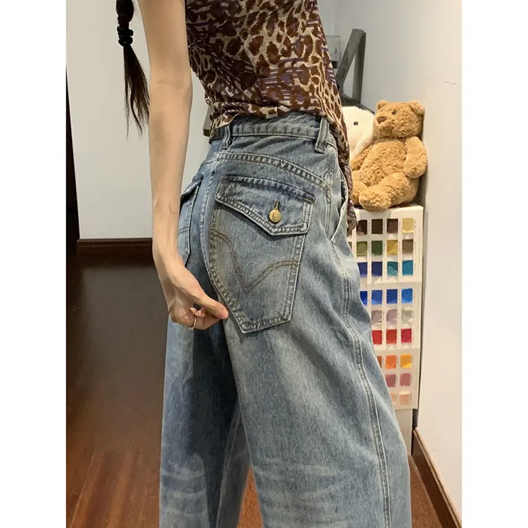 设计感复古蓝美式直筒牛仔裤女秋季怀旧痞帅宽松高腰遮肉阔腿裤子