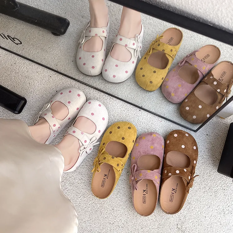 超火勃肯鞋女2025夏季新款外穿厚底博肯包头半拖鞋波点玛丽珍单鞋