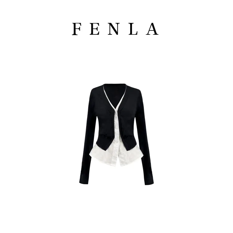 【惠姐私服1】假两件撞色拼接长袖针织开衫时尚修身显瘦上衣 83678