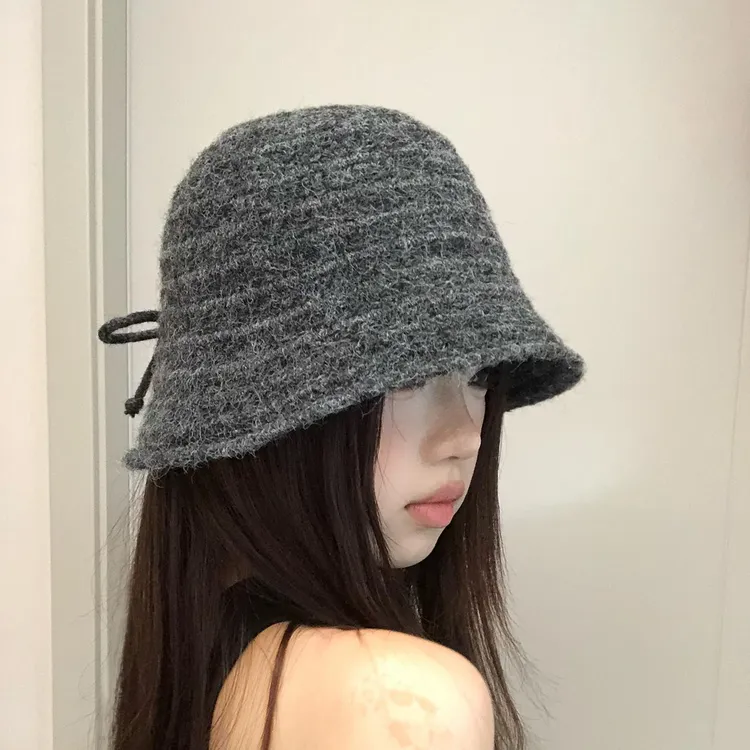 红路皇日系蝴蝶结灰色毛绒渔夫帽女秋冬保暖百搭显脸小针织盆帽水