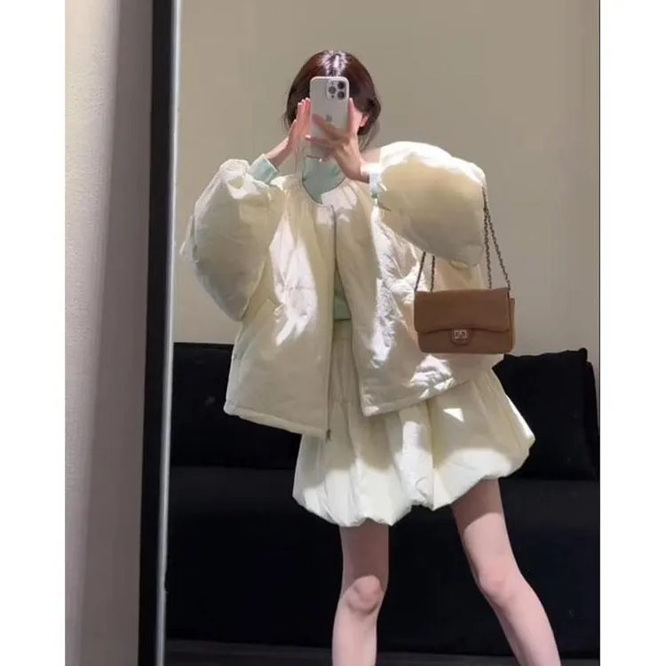 冬季新款韩系穿搭小香风棉服外套立领打底衫高腰花苞半身裙三件套