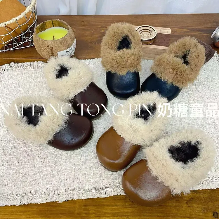 【糖炒栗子】韩版女童毛绒边小皮鞋法式小众设计款儿童保暖玛丽珍鞋