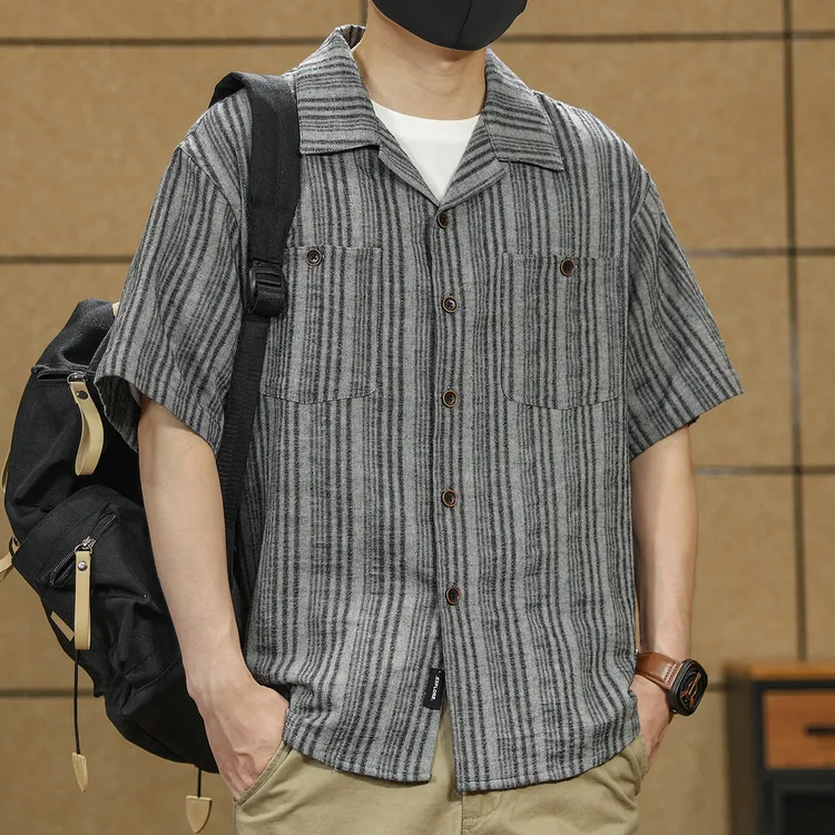 复古老钱风高端透气亚麻混纺古巴领短袖衬衫男士2025新款休闲衬衣