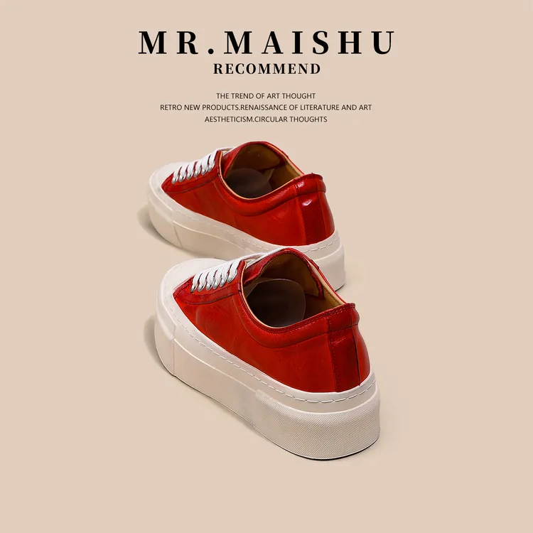 MR.MAISHU红色水洗马皮厚底板鞋女款早秋百搭网红真皮休闲小白鞋