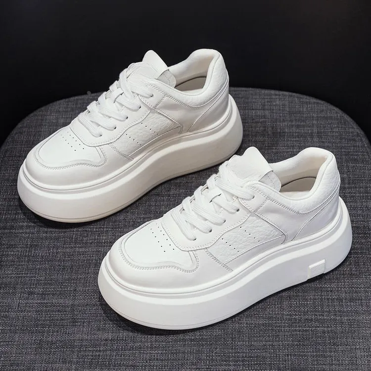 万达撤柜头层牛皮增高厚底小白鞋女2025新款秋季加绒爆款百搭板鞋