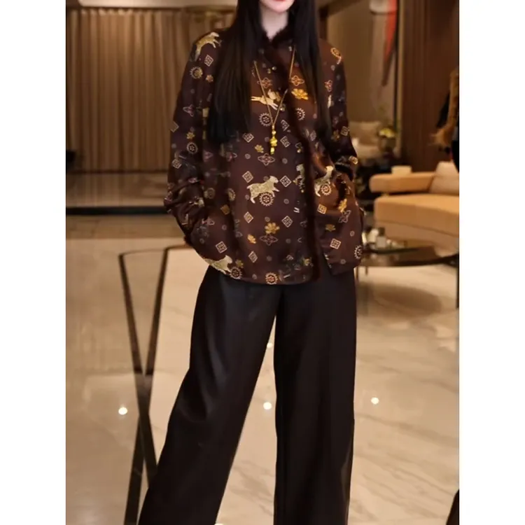 高级感文艺风轻奢裤套装2025秋季新款复古小众印花长袖上衣+裤子