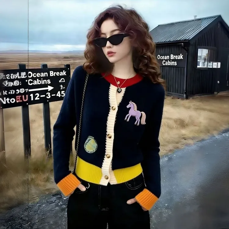 2025年冬季时尚宽松上衣女装针织衫拼色爆款卡通本命年马开衫长袖