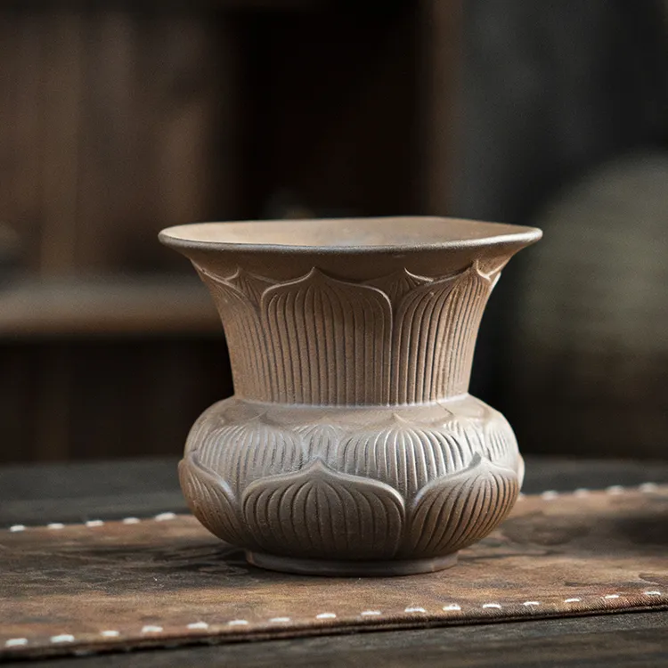 复古粗陶老岩泥莲花建水茶渣缸陶瓷手工浮雕茶配件水盂废水茶水缸