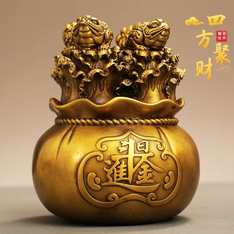 四方聚财金蟾摆件黄铜工艺品家用发财树钱袋小汽车载办公室装饰品