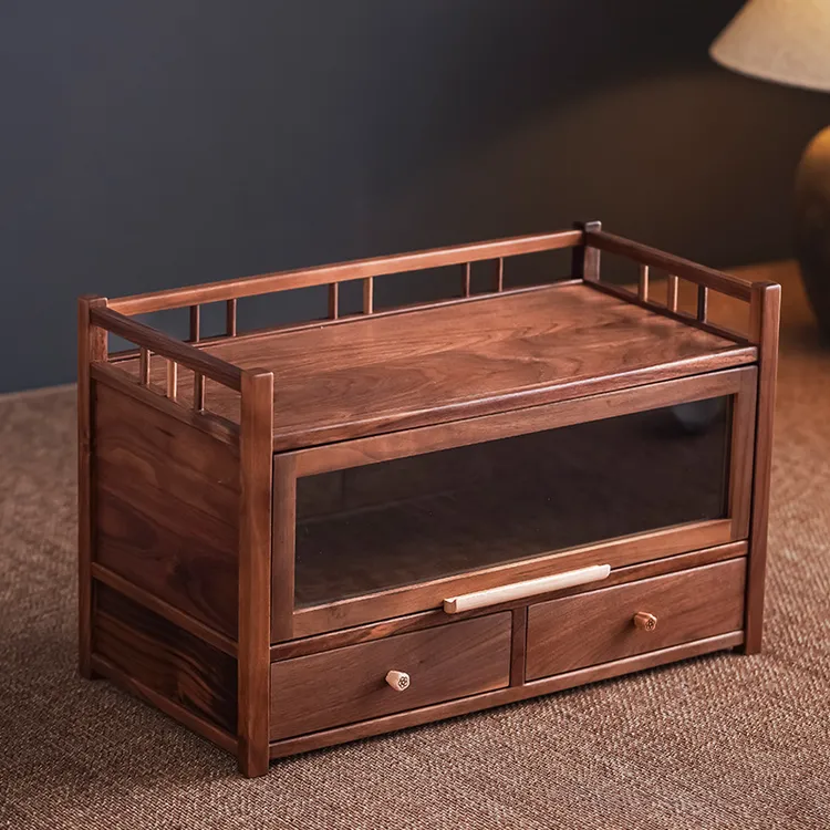 北美黑胡桃木五福双抽茶叶茶具收纳柜新中式多功能双层