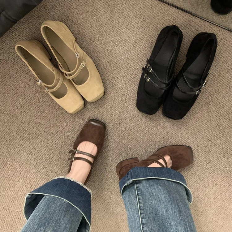 UHCK韩版方头双排扣玛丽珍鞋女2025年春秋新款温柔配裙子粗跟浅口