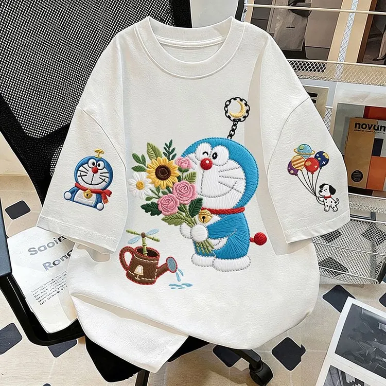 哆啦A梦~夏季百搭100纯棉中大童短袖T恤韩版宽松亲子系