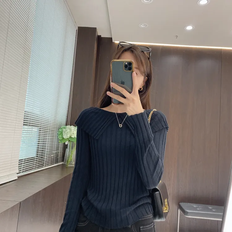 IMFLY金小金自制女装 针织衫DYW9702早秋法式翻领长袖针织上衣