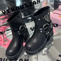 【YKL】英伦风方头粗跟皮带扣机车短靴