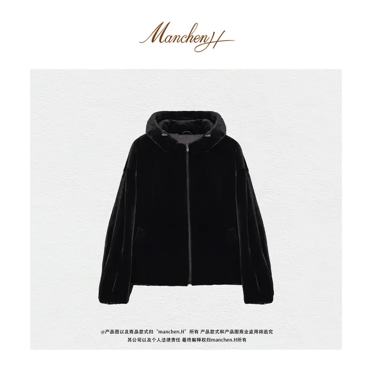 曼辰manchenh"黑金时代"鼎奢御用黑色宝嘉美连帽貂绒外套