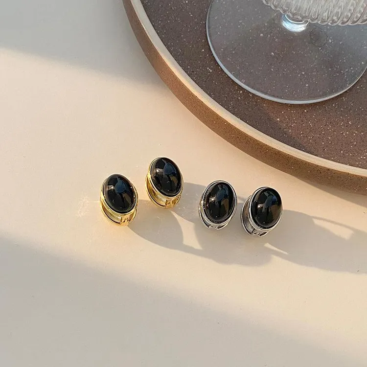 铜合金锆石耳饰 新款时尚耳环耳扣黑色椭圆简约法式复古极简秋冬