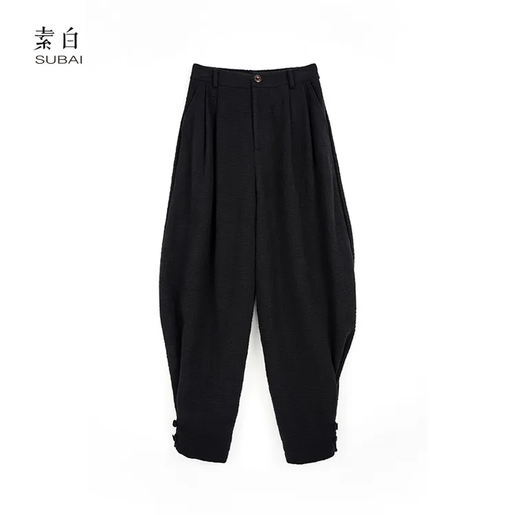 素白百搭【趣味】K02107宽松显瘦半松紧裤系扣肌理纯棉阔腿休闲裤