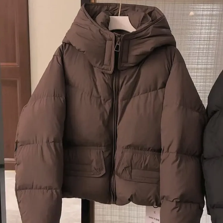 2025冬季新款美拉德复古百搭洋气外套时尚立领连帽纯色棉服女装