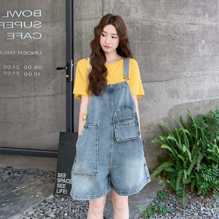 复古工装牛仔背带裤套装2025新款女夏韩里韩气小个子休闲裤两件套