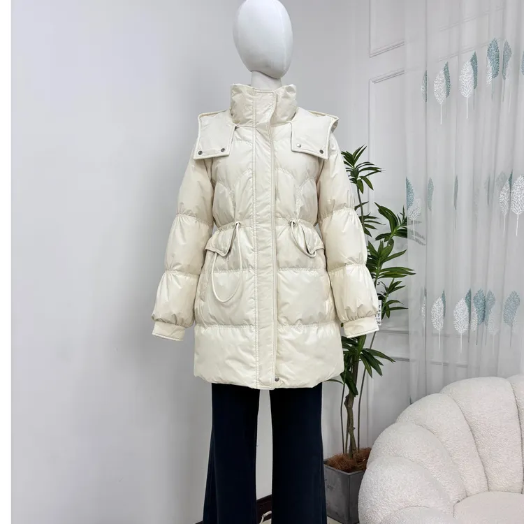 雪国天娇时尚连帽翻领收腰一手长白鸭绒羽绒服冬季中长款52458225