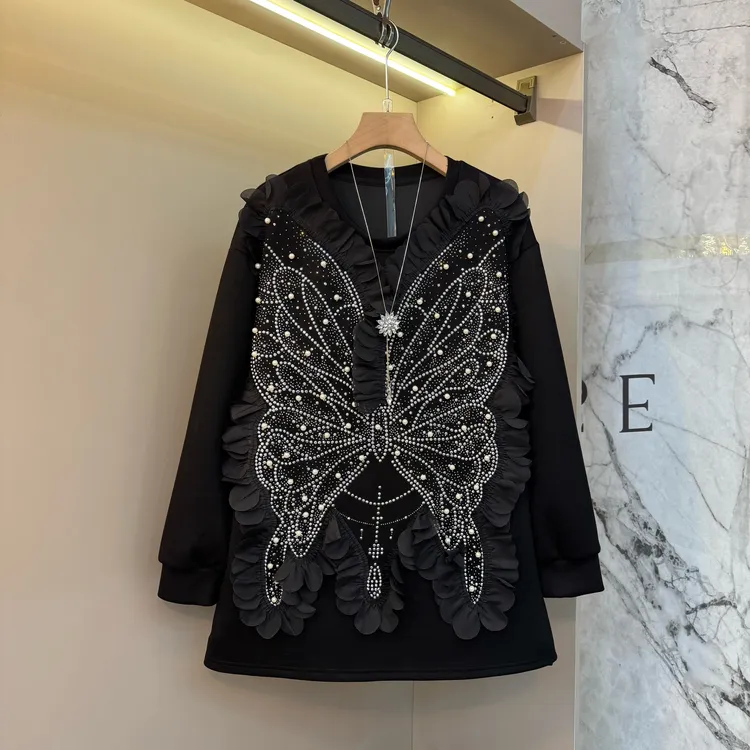 冬新款女卫衣宽松蝴蝶钉珠立体花朵设计时尚休闲减龄气质上衣1981