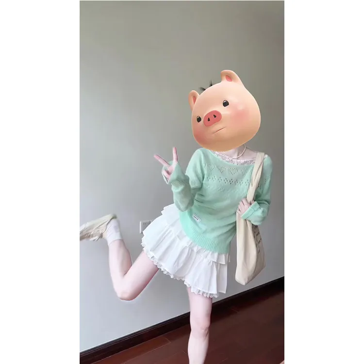 清新曼波薄荷绿色T恤女设计感针织拼接微透蕾丝镂空罩衫短裙套装