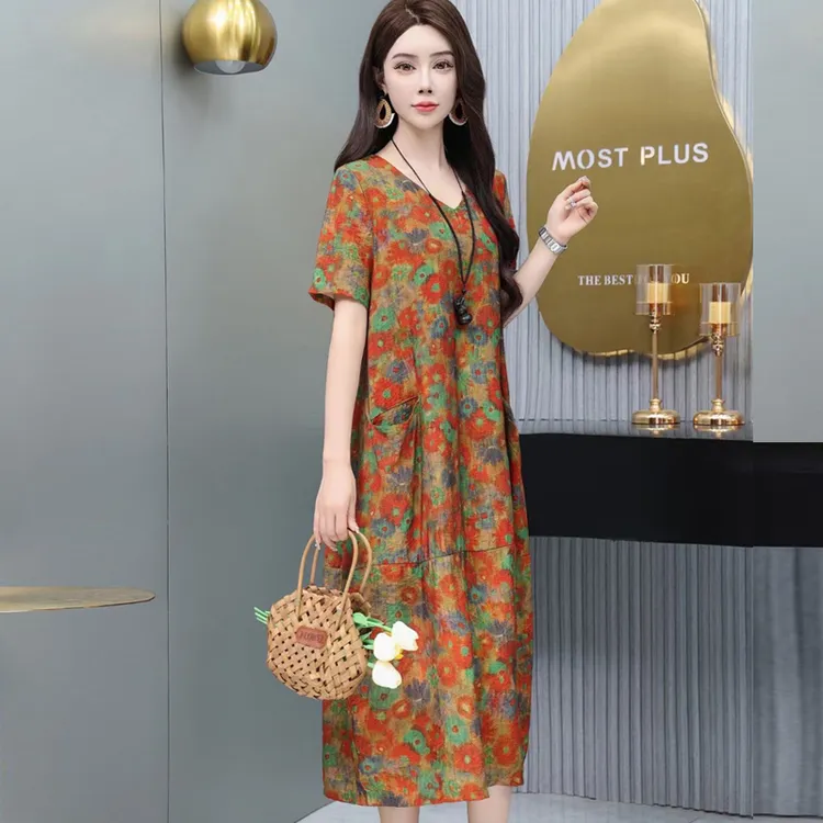 中老年短袖V领中长款连衣裙天丝棉麻加肥大码洋气妈妈裙子8989-2