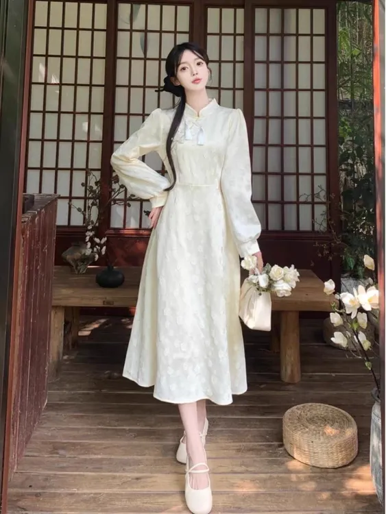 长袖V领A字裙高腰大码连衣裙 拉链成人通勤风秋季