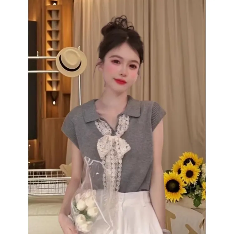 法式蕾丝翻领短袖针织衫女夏季新款冰丝绝美气质百搭上衣女装ins