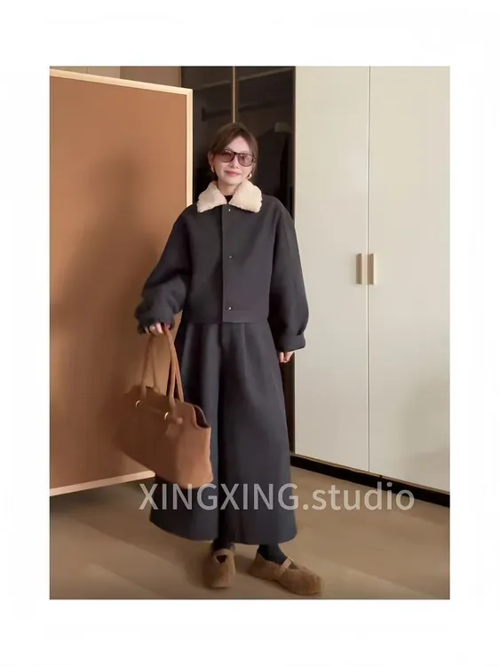 X.x.冬季显瘦加厚毛呢套装羽绒夹克外套时尚阔腿裤两件套女5028