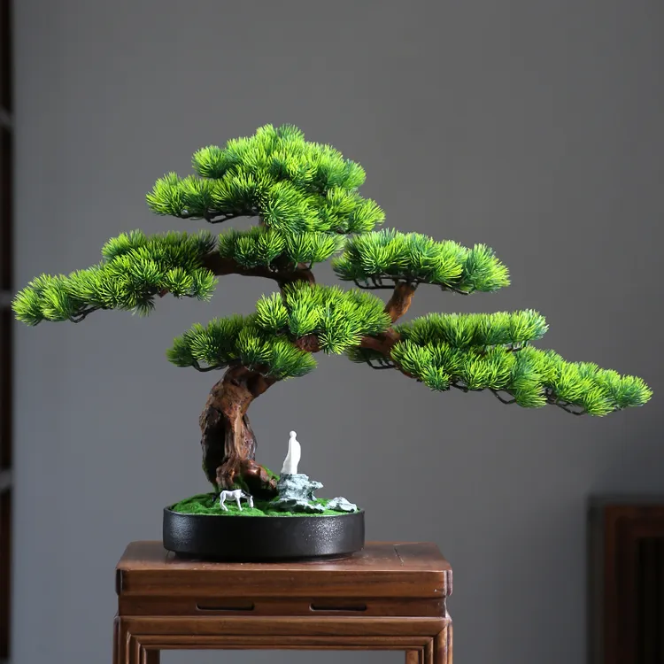 仿真迎客松盆景室内外适用客厅茶室仿真假花盆栽植物客厅造景