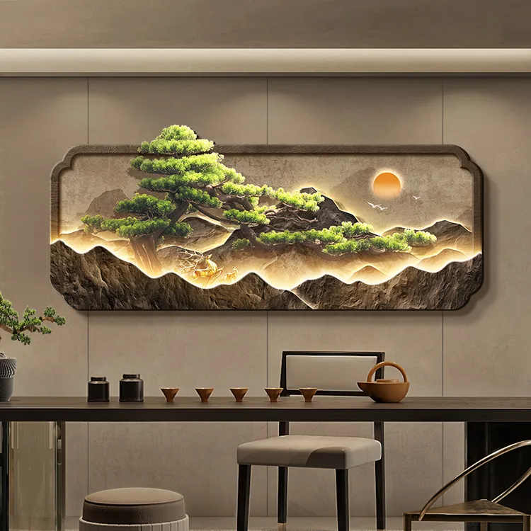 流水生财新中式客厅办公室装饰画迎客松茶室山水画沙发背景墙挂画