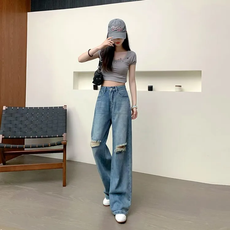 拉夏贝尔破洞高腰直筒牛仔裤女2025秋季新款宽松显高显瘦阔腿裤子