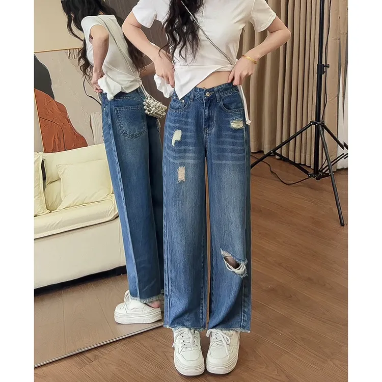 116夏季破洞天丝薄款凉感直筒牛仔裤女宽松小个子阔腿垂坠感八分